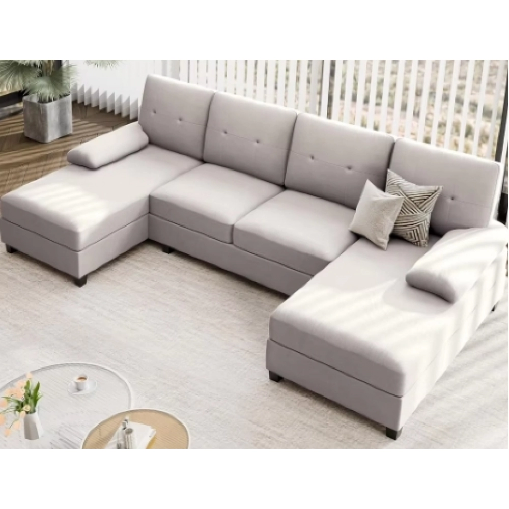 Sectional Sofa Couches Living Room, 4 Seat U-Shaped Sofa Couch Living Room Furniture Sets Clearance with Double Chaises, Beige