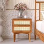 Bed Table 2-Drawer Bedside Tables Oliver Solid Wood Rattan Nightstand/Side End Table Fully Assembled Furniture Sofa Bedroom Home