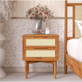 Bed Table 2-Drawer Bedside Tables Oliver Solid Wood Rattan Nightstand/Side End Table Fully Assembled Furniture Sofa Bedroom Home