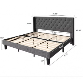 King Size Upholstered Platform Bed Frame with Wingback and Button Tufted Headboard for Reading, Strong Wood Slat Support, Moder