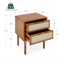 Bed Table 2-Drawer Bedside Tables Oliver Solid Wood Rattan Nightstand/Side End Table Fully Assembled Furniture Sofa Bedroom Home